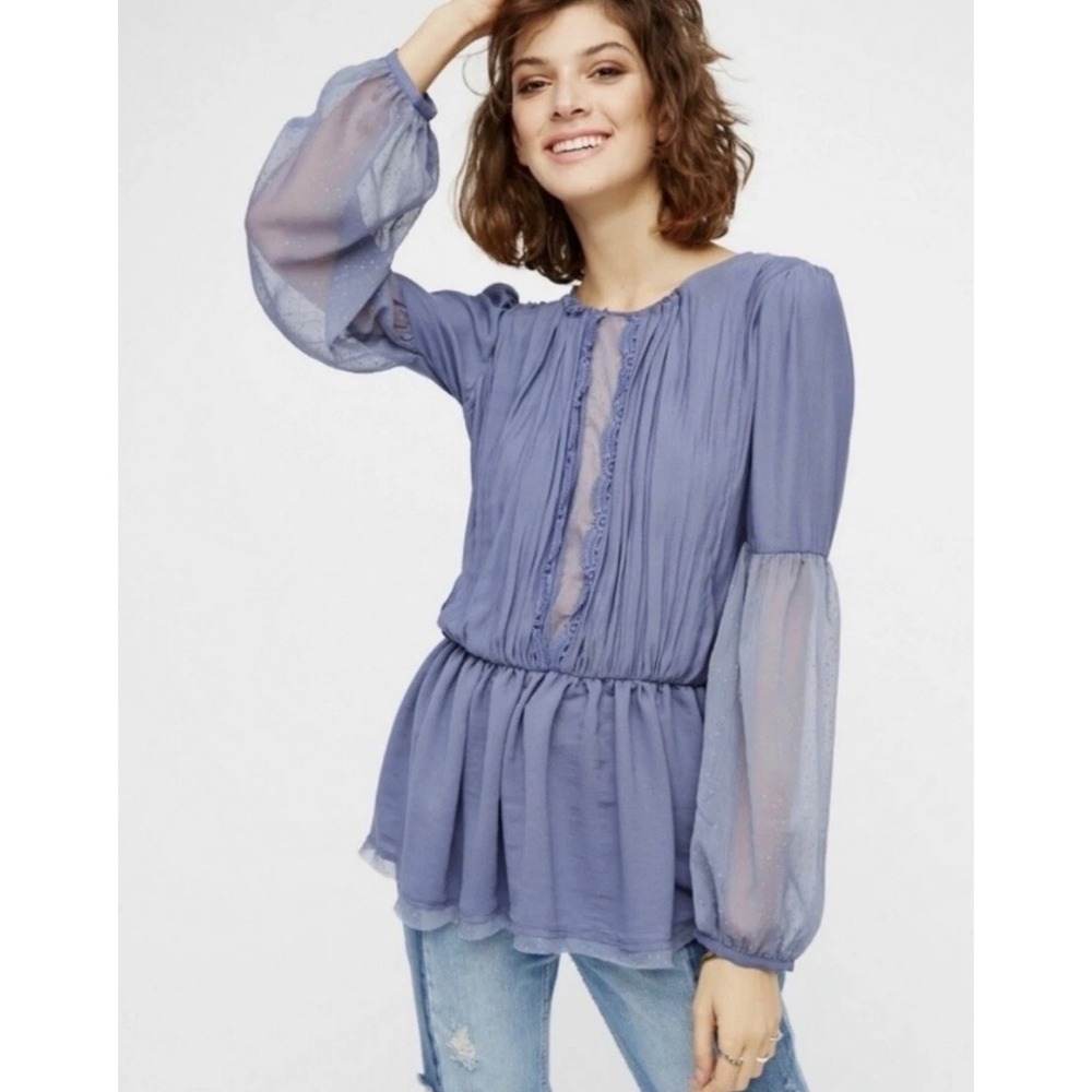 Free People Soul Serene Blue Sheer Lace Open Back Romantic Boho Blouse